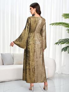 Vestido elegante de tela metálica con detalle de pliegues para baile de graduación y fiesta en otoño e invierno, modesto - Dorado - Ver 4