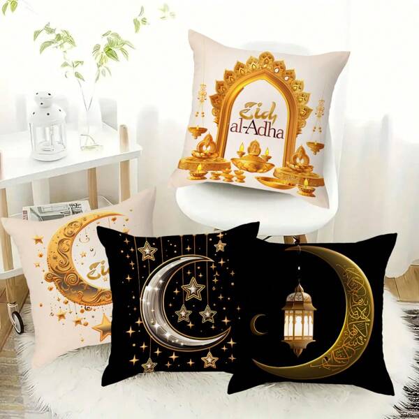 4 Packs Ramadan Festival Kissenbezüge, zeitgenössischer Stil, wendbare dekorative Kissenbezüge aus Polyester mit Mond- und Laternendesign, Reißverschluss, waschbar, für Sofa und Heimdekoration