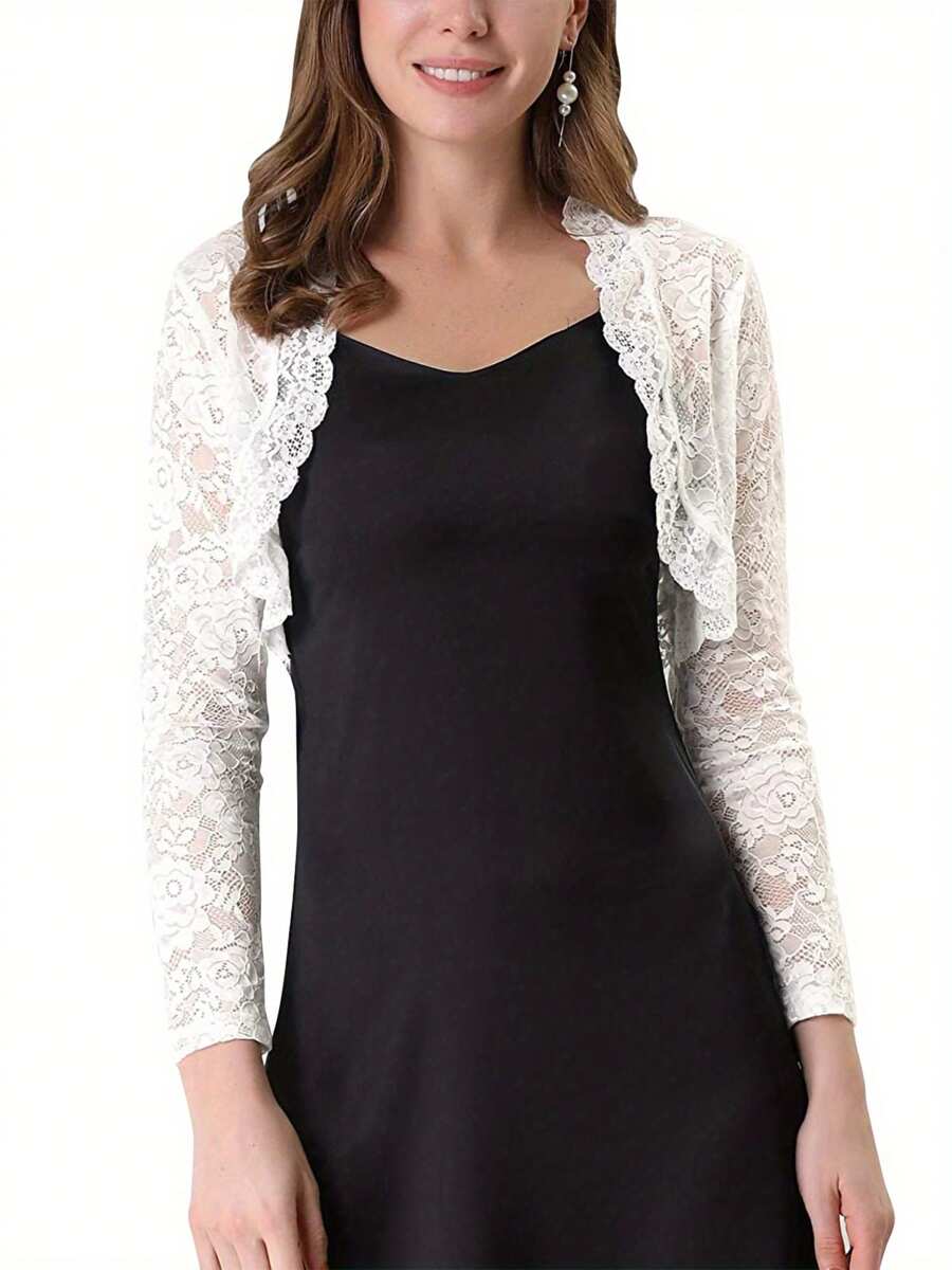 Women Lace Bolero Shrug Tops See Through Long Sleeve Lace Floral Open Front Cardigan Sheer Mesh Cropped Going Out Tops