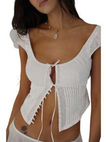 Womens Tank Tops Solid Color Sleeveless Sling Design Front Button Tie Cardigan Tank Tops - Blanco - View 3