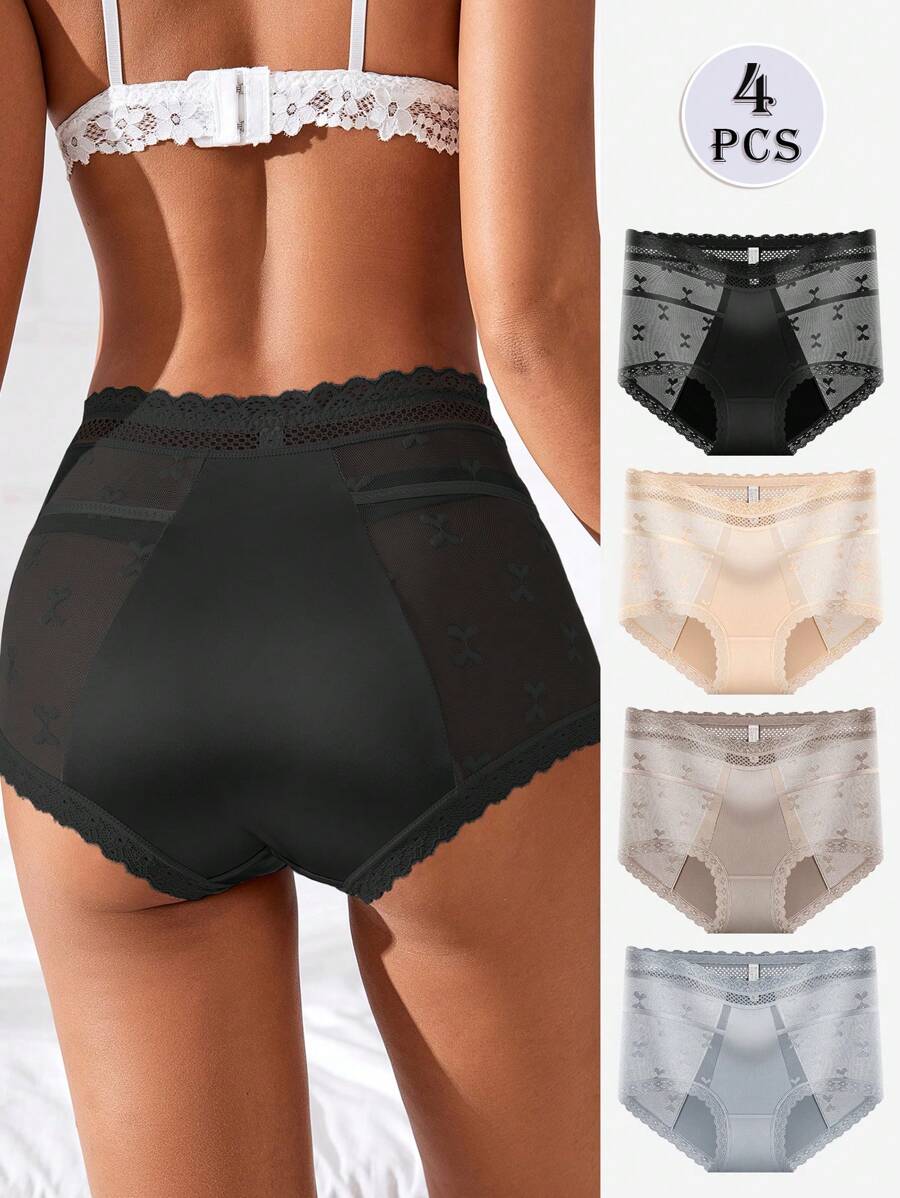 4 件套女士性感蕾丝边透明网眼高腰丁字裤