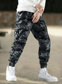 [Spring/Summer] Men's Camouflage Cargo Pants With Multiple Pockets, Drawstring Waist, And Elastic Cuffs For Casual Outing, Hiking Outfit, Daily Outfit - Grey - View 2