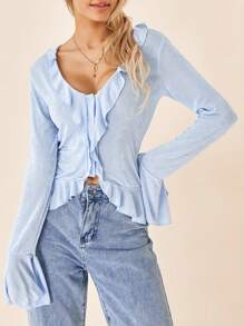 Women Long Sleeve Crop Tops Button Front Ruffle Cardigan Fitted Shirt For Club Streetwear Aesthetic Clothes - Light Blue - View 2