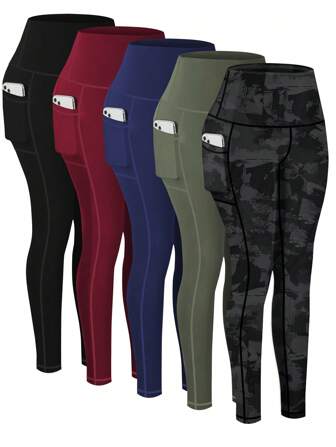 5pcs High Waisted Soft & Comfortable Pocket Leggings For Women, Skinny Fit, For Sports, Fitness, Running, Yoga, Thick Underpants