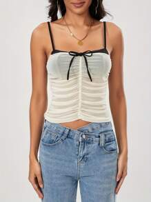 Women's Summer Fashion Cami Tops Sleeveless Ruched Tie Up Contrast Color Vest Tops - Beige - View 4