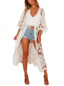 Womens Swimsuit Coverup Lace Bathing Suit Cover Up Beach Kimonos Long Cardigan Open Front Swimwear Lace Floral Crochet Kimonos For Women Long Swimwear Bikini Swimsuit Coverup Sheer Swimsuit Cover Up Summer Holiday Vacation Outfits Long Beach Dress One Size - White - View 9