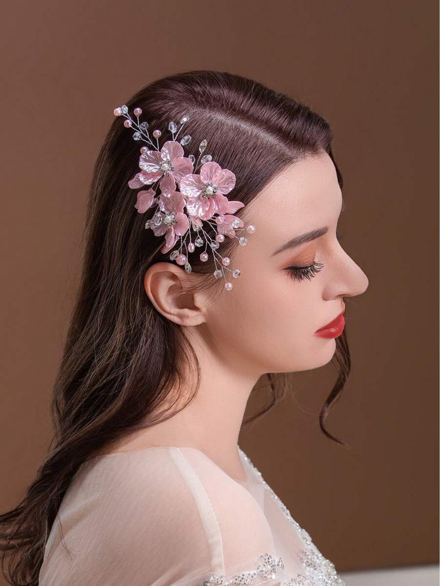 1 pieza Accesorio para el cabello con clip de tono dorado y flor rosa con cristales, accesorio para el cabello de boda, accesorio del Día de San Valentín - Rosa - Ver 1