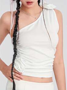 Women Y2K Solid Color Tank Tops Summer One Shoulder Sleeveless 3D Rosette Ruched Tops - White - View 4
