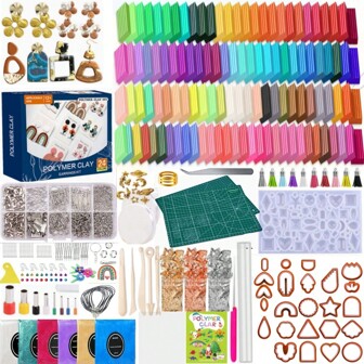 Polymeerklei-modelleerset voor het bakken in de oven, inclusief boetseergereedschap, snijplank, kunstbenodigdheden, willekeurige kwastjes, leren koordketting, glitter, foliepapier, kralensnoeren, elastische koorden, kleihouders, bakvormen, siliconen mallen, doe-het-zelf sieradenaccessoires zoals kreeftensluitingen, springringen, oogspelden, knijpkralen, kraalklemmen in willekeurige kleuren van 12/24/50/52, geschikt voor beginners en kunstenaars