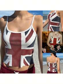 Women's Union Jack Print Camisole Summer Sleeveless Scoop Neck Crop Tank Tops Sexy Backless Slim Fit Cami Tops Y2K Streetwear - 白色 - 查看 2