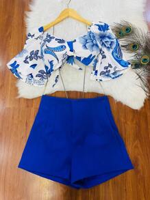 RAW CLOTHING One Size Shirt Set That Ties At The Back With Elastane And Print, Shorts With Zipper And No Pocket - Xanh đậm - Xem 3