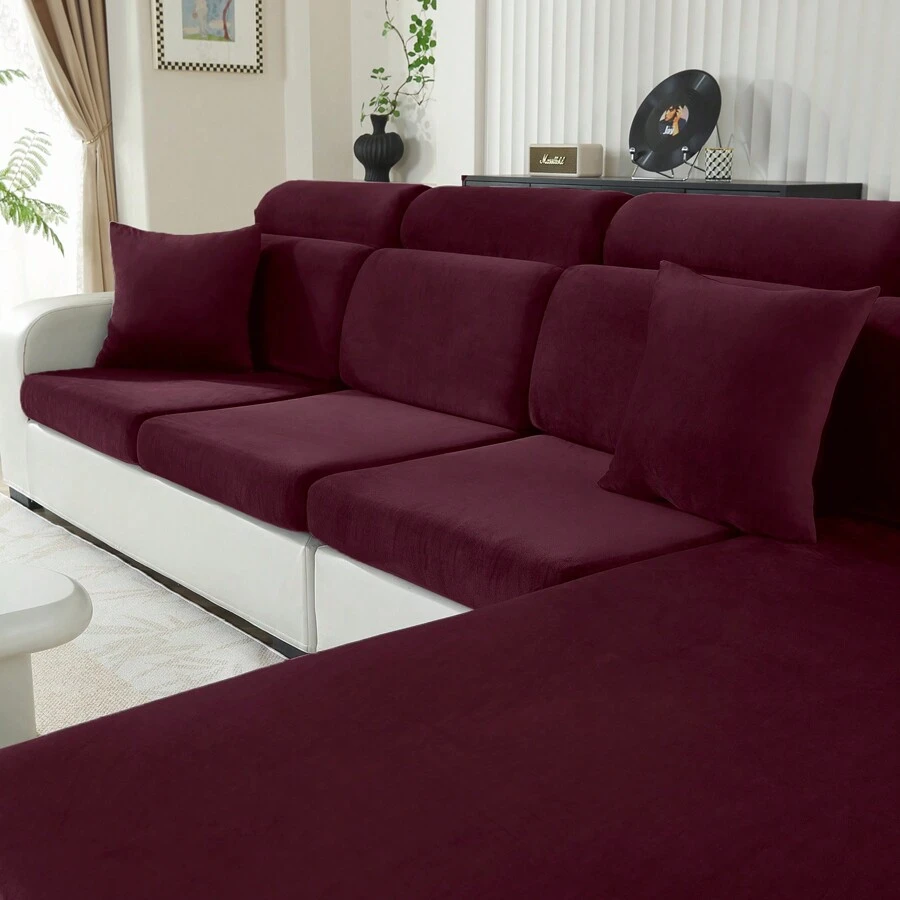 YSTYLE Housse Coussin Canapé Velours、Housse De Coussin Extensible、Universelle Housse Coussin Canape、Housse Assise Canapé Antidérapante、Housse Dossier Canapé - 酒紅色 - 查看 1