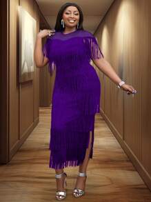 女士紫色流苏透视上衣短袖节日派对流苏连衣裙中长款夏季加大码优雅 - 紫色 - 查看 5