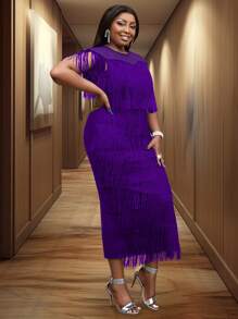 女士紫色流苏透视上衣短袖节日派对流苏连衣裙中长款夏季加大码优雅 - 紫色 - 查看 6