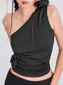 Women Solid Color Tank Tops Summer One Shoulder Sleeveless 3D Rosette Ruched Tops