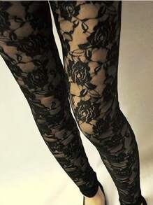 Women Summer Leggings, Solid Color Floral Lace Sheer Long Elastic Band High Waist Pants, Vintage Slim-Fit Wild Fashion Bottoms - 黑色 - 查看 4