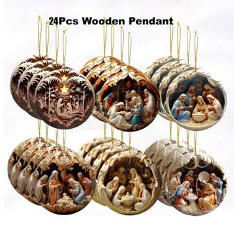 6/12/24pcs Nativity Scene Wooden Ornaments Set - 3D Effect Bible Story Pendants For Home & Holiday Decor, Perfect For Birthdays & Parties ,Christmas