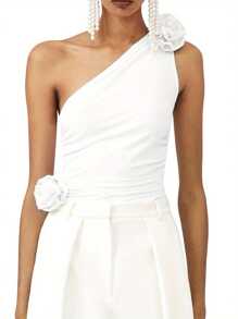Women Y2K Solid Color Tank Tops Summer One Shoulder Sleeveless 3D Rosette Ruched Tops - White - View 10