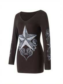 Women Slim Fit Pullover, Black Five-Pointed Star Print Deep V-Neck Long Sleeve T-Shirt, S/M/L