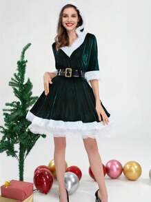 Conjunto de 3 piezas de Reina de Navidad (Suéter con capucha + Cinturón + Enagua), Disfraz de Navidad para mujeres adultas, Atuendo para sesión de fotos, Vestido de actuación, Atuendo para el Día de San Valentín y Halloween - A - Ver 14