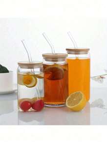 1 Piece, Coffee Cup With Lid With Glass Straw, Jar Shaped Water Cup, Iced Coffee Cup, For Beer, Juice, Milk, Beverages, Tableware, Coffee Shop, Holiday Gifts - Transparent - View 4