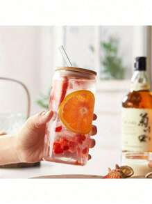 1 Piece, Coffee Cup With Lid With Glass Straw, Jar Shaped Water Cup, Iced Coffee Cup, For Beer, Juice, Milk, Beverages, Tableware, Coffee Shop, Holiday Gifts - Transparent - View 2