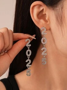 1 Cặp bông tai hợp kim thời trang chữ và số "2025" đính đá và ngọc trai cho phụ nữ, thích hợp cho năm mới, đeo hàng ngày và làm quà tặng ngày lễ - bông tai 2025 - Xem 1