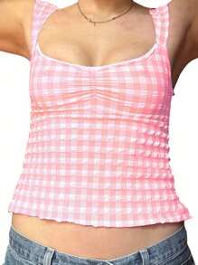 Women Camisole, Sleeveless Low-Cut Backless Plaid Tops Lace Trim Slim Fit Summer Vest - Pink - View 3
