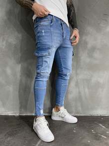Slim Fit Ripped Biker Jeans, Casual Men's Denim Pants - Light Wash - View 6