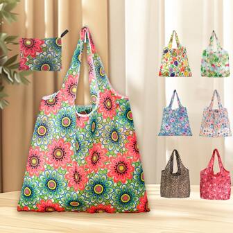 2pcs Extra-Large Reusable Grocery Bags, Foldable Polyester Tote Bags With Print, Waterproof Nylon Handbags With Handles - Foldable, Machine Washable, Lightweight, Durable, And Easy To Carry - Perfect For Grocery Shopping, Holiday Trip, And Daily Storage