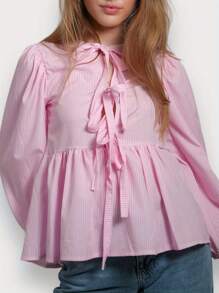 Women T-Shirt Long Sleeve Tie-Up Solid/Stripes Loose Ladies Fall Tops Streetwear