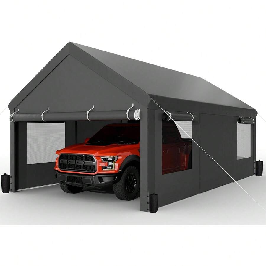 Carport, 12x20 Ft Heavy Duty Carport With Roll-Up Windows, Portable Garage With Removable Sidewalls & Doors, Car Canopy With Sandbags And All-Season Tarp For Car Boat Truck Motorcycle - 深灰色 - 查看 1