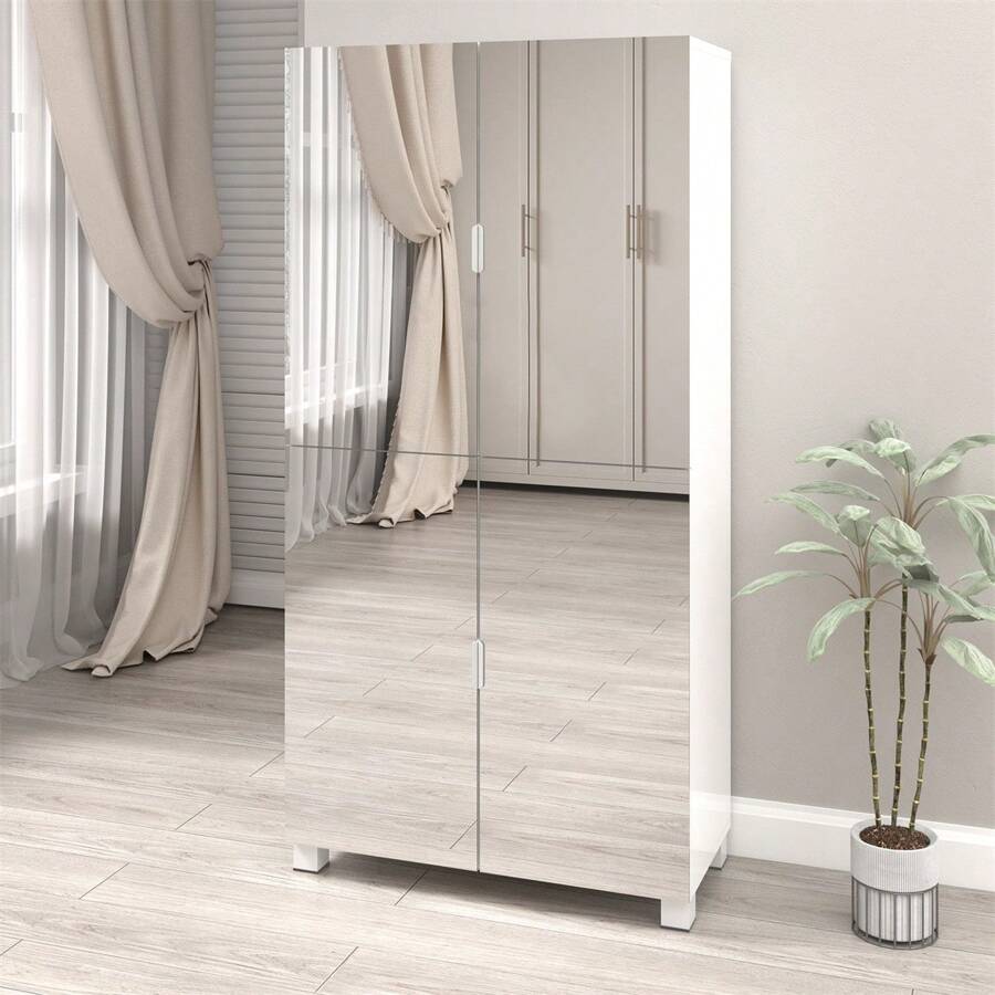 Large Shoe Storage Cabinet With Mirror For Entrance,Living Room Storage Cabinet With 4 Drawers,4 Door Wardrobe Closet With Mirrors For Bedroom,White (31.5"W X 19.7"D X 70.9"H)