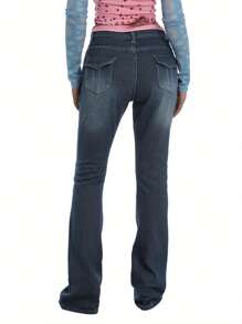 Women Hip Hop Denim Pants, High Waist Relaxed Fit Washed Wide Leg Jeans With Flap Pockets - 深藍色 - 查看 7