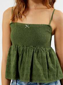 Women Spaghetti Strap Camisole Hollow Eyelets Bow Smocked Backless Square Neck Crop Tank Tops