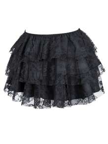 Women Mini Skirt, Vintage Elastic Waist Lace Skirt Patchwork Summer Layered Skirt For Casual Daily - 黑色 - 查看 3
