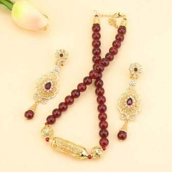 Conjunto de joyería elegante de Marruecos con gargantilla y pendientes de cuentas de color dorado para mujeres, conjunto de joyas nupciales árabes, collares de cuentas de joyería de verano