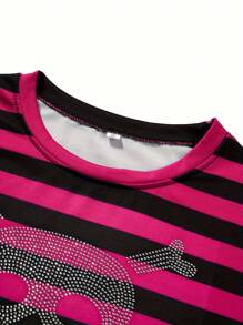 Womens Y2K Fairy Grunge Striped Long Sleeve T Shirt Gothic Skull Rhinestone Printed Round Neck Slim Fit Tee Shirts Crop Tops Fall E Girl Goth Emo Vintage Aesthetic Clothes Halloween Streetwear - 粉色 - 查看 8