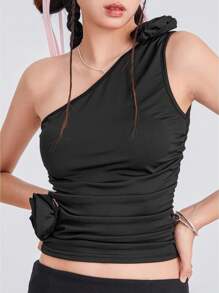 Women Solid Color Tank Tops Summer One Shoulder Sleeveless 3D Rosette Ruched Tops