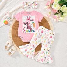 Set de 3 piezas: body de manga corta con estampado de conejito de Pascua, pantalones acampanados y diadema para bebé niña