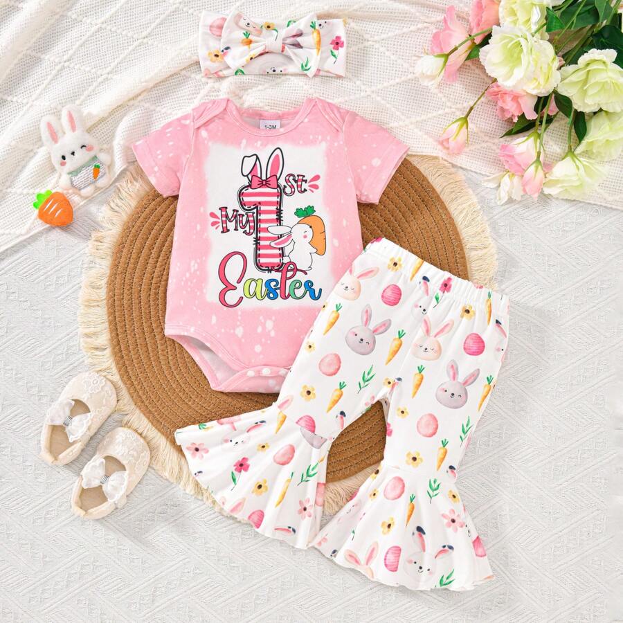 Set de 3 piezas: body de manga corta con estampado de conejito de Pascua, pantalones acampanados y diadema para bebé niña