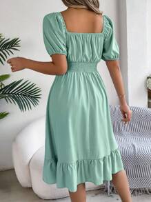 Damen Lässig Blümchen Rüschen Ärmel Kordelzug Taille Kurz Kleid, für den Sommerurlaub