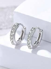 925 Sterling Silver Zirconia Studded Hoop Earrings, Simple & Hypoallergenic, Suitable For Men & Women - Silver - View 1