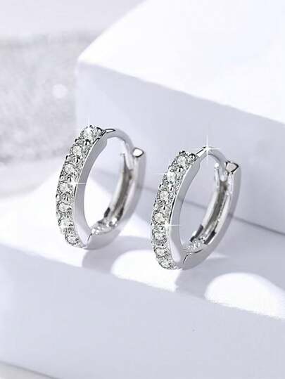 Pendientes de aro de plata de ley 925 con circonitas incrustadas, simples e hipoalergénicos, adecuados para hombres y mujeres