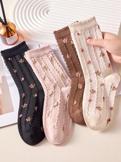 3 Pairs Of Women's Mid-Calf Socks With Flower Patterns, Ditsy Floral Women Socks & Hosiery,Vintage Crew Socks For All Seasons,Black Socks,White Socks,Pink Socks,Brown Socks,Random Colors, Fall
