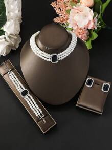 4 件几何仿珍珠多层项链、手链和耳环套装，优雅奢华女士珠宝套装 - 彩色 - 查看 7