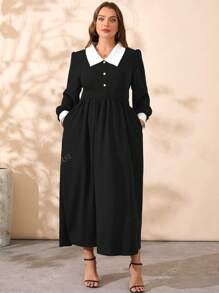DEARCASE Plus Size Dames Color Block Revers Lange Mouw Jurk