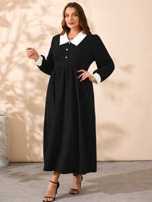 DEARCASE Plus Size Women'S Color Block Lapel Long Sleeve Dress - Black and White - View 4