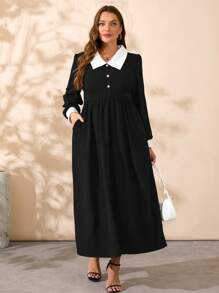 DEARCASE Plus Size Dames Color Block Revers Lange Mouw Jurk