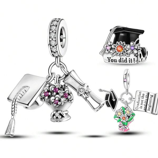 1 peça chapéu de solteiro clássico prateado flor certificado de graduação livro pingente charme adequado para pulseira de cobra colar chaveiro contas para fazer joias faça você mesmo presente de incentivo de formatura